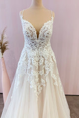 Stunning Long A-Line Spaghetti Straps Appliques Lace Tulle Corset Wedding Dress outfit, Wedding Dresses A Line