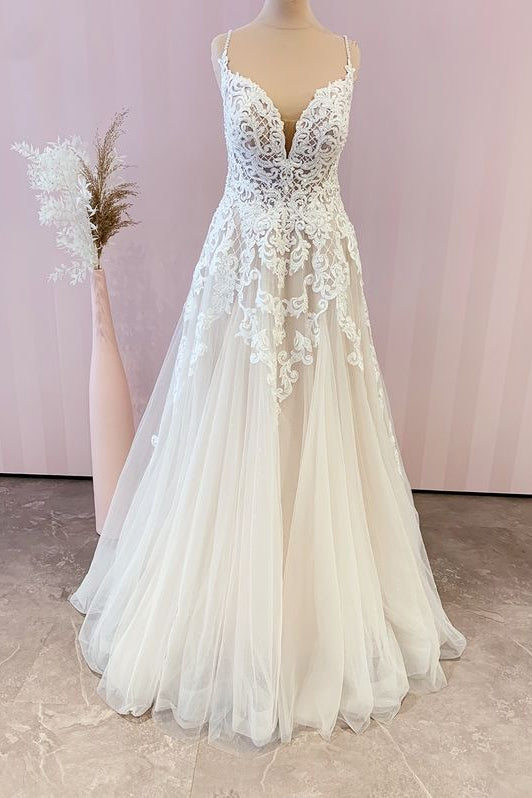 Stunning Long A-Line Spaghetti Straps Appliques Lace Tulle Corset Wedding Dress outfit, Wedding Dresses Online