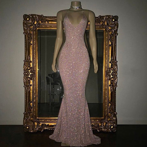 Stunning Long Halter Spaghetti Straps Sequined Mermaid Corset Prom Dress outfits, Prom Dresses 3 4 Sleeves