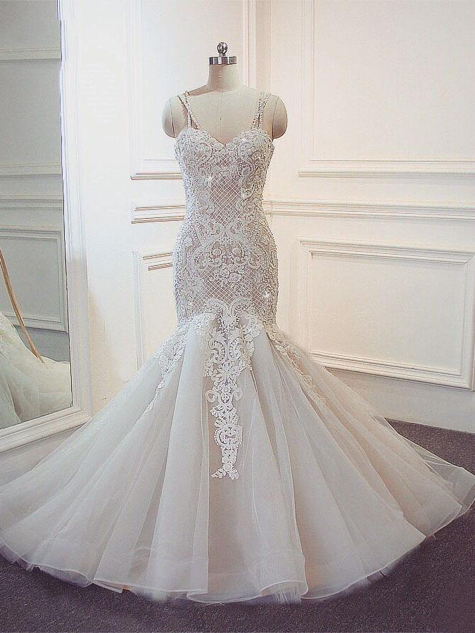 Stunning Long Mermaid Spaghetti Strap Lace Corset Wedding Dresses outfit, Wedding Dress For Fall Wedding