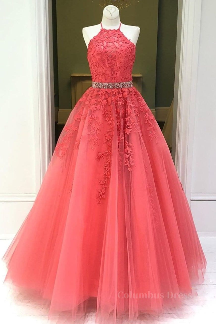 Stylish Backless Coral Lace Long Corset Prom Dress, Coral Lace Corset Formal Graduation Evening Dress outfit, Homecoming Dresses Classy