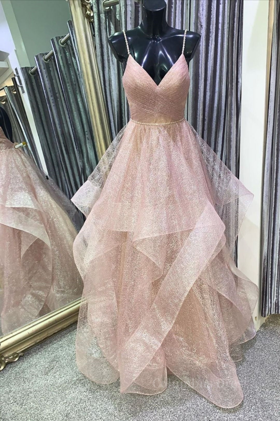 Stylish V Neck Backless Rose Gold Long Corset Prom Dress, Backless Rose Gold Corset Formal Dress, Fluffy Rose Gold Evening Dress outfit, Casual Gown