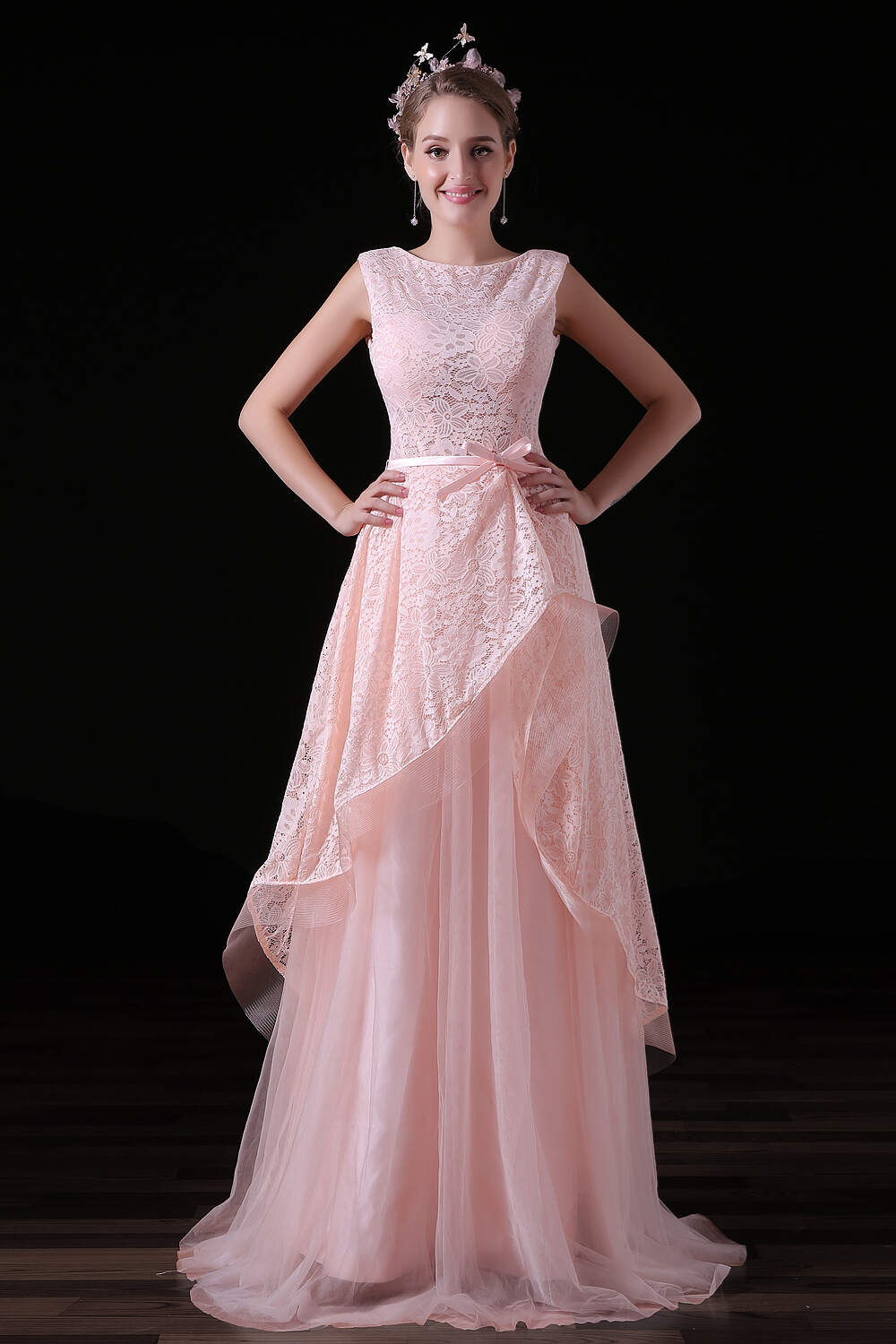 Sweet Tulle & Lace Bateau Neckline Floor-length A-line Corset Prom Dresses With Belt Gowns, Party Dress Beige