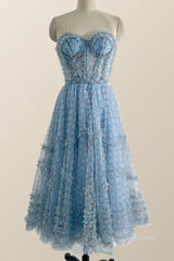 Sweetheart Blue Printed Corset Tea Length Dress outfit, Bridesmaids Dresses Online