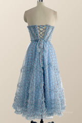 Sweetheart Blue Printed Corset Tea Length Dress outfit, Bridesmaids Dress Online