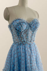 Sweetheart Blue Printed Corset Tea Length Dress outfit, Bridesmaid Dress Shops Near Me