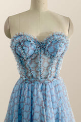 Sweetheart Blue Printed Corset Tea Length Dress outfit, Bridesmaid Dresses Quick Shipping