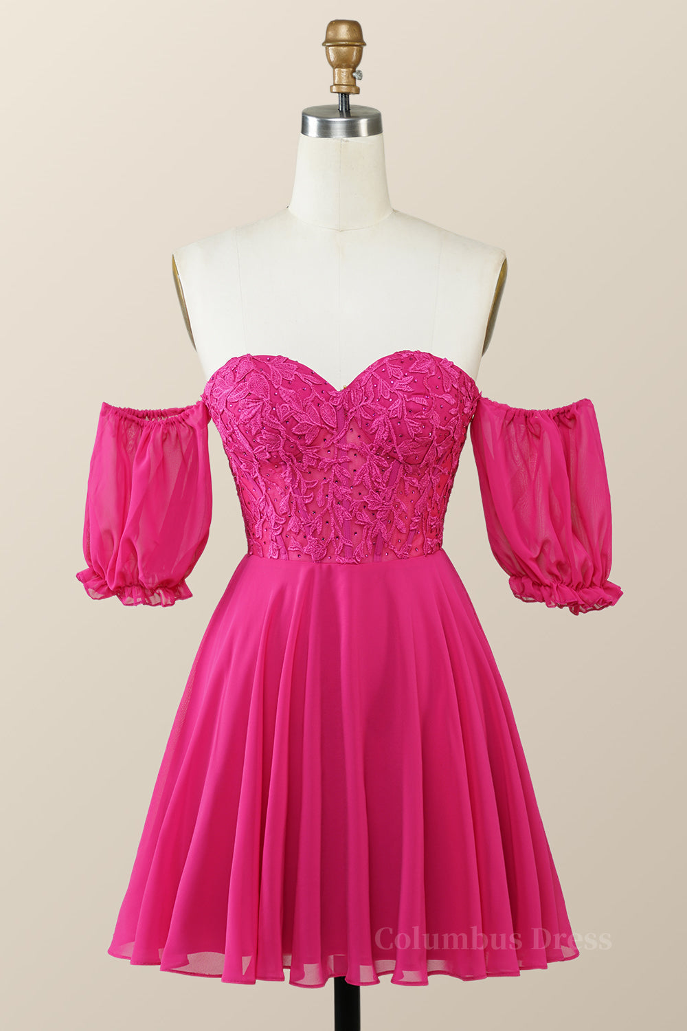 Sweetheart Fuchsia Lace and Chiffon Short Corset Homecoming Dress outfit, Formal Dress For Woman