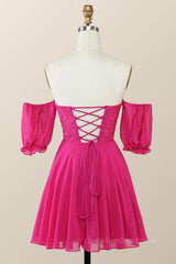 Sweetheart Fuchsia Lace and Chiffon Short Corset Homecoming Dress outfit, Formal Dresses Long Sleeve