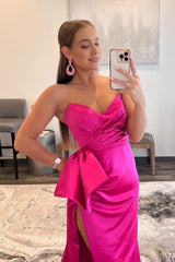 Sweetheart Hot Pink Long Corset Prom Dress with Split Front Gowns, Sweetheart Hot Pink Long Prom Dress with Split Front