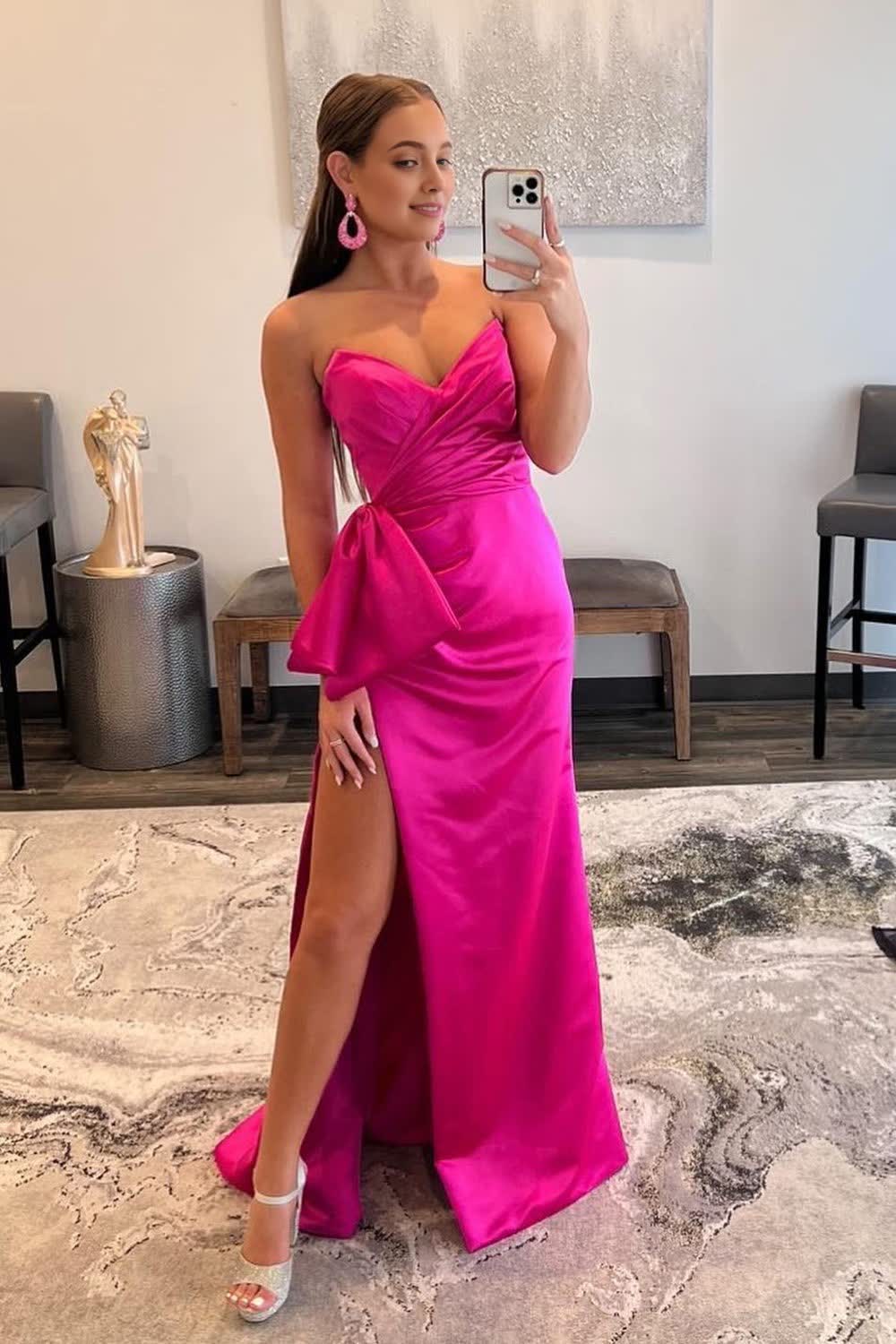 Sweetheart Hot Pink Long Corset Prom Dress with Split Front Gowns, Sweetheart Hot Pink Long Prom Dress with Split Front