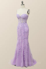 Sweetheart Lavender Lace Mermaid Long Corset Prom Dress outfits, Party Dress Fancy