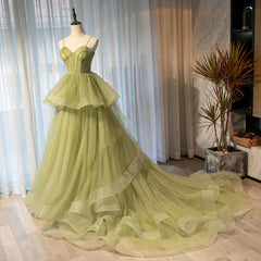 Sweetheart Neck Green Tulle Long Corset Prom Dresses, Green Tulle Long Corset Formal Graduation Dresses outfit, On Shoulder Dress