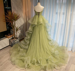 Sweetheart Neck Green Tulle Long Corset Prom Dresses, Green Tulle Long Corset Formal Graduation Dresses outfit, Prom Ideas