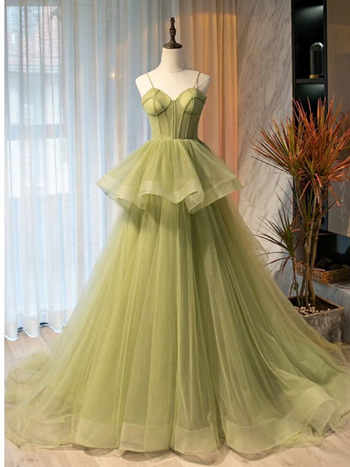 Sweetheart Neck Green Tulle Long Corset Prom Dresses, Green Tulle Long Corset Formal Graduation Dresses outfit, Club Dress