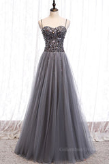 Sweetheart Neck Grey Sequins Tulle Long Corset Prom Dress, Grey Sequins Corset Formal Evening Dress outfit, Evening Dresses Wholesale
