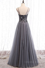 Sweetheart Neck Grey Sequins Tulle Long Corset Prom Dress, Grey Sequins Corset Formal Evening Dress outfit, Evening Dresses Unique
