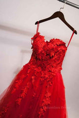Sweetheart Neck Red Lace Floral Long Corset Prom Dresses, Red Lace Corset Formal Evening Dresses, Red Corset Ball Gown outfits, Formal Dresses Fashion