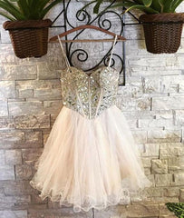 Sweetheart Neck Spaghetti Straps Tulle Champagne Corset Homecoming Dresses, Champagne Short Corset Prom Dresses, Graduation Dresses, Evening Dresses outfit, Bridesmaid Dress Under 103