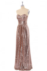 Sweetheart Rose Gold Sequin A-line Long Corset Bridesmaid Dress outfit, Short Prom Dress