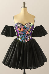 Sweetheart Sequin Black Satin Short Corset Homecoming Dress outfit, Long Sleeve Dress