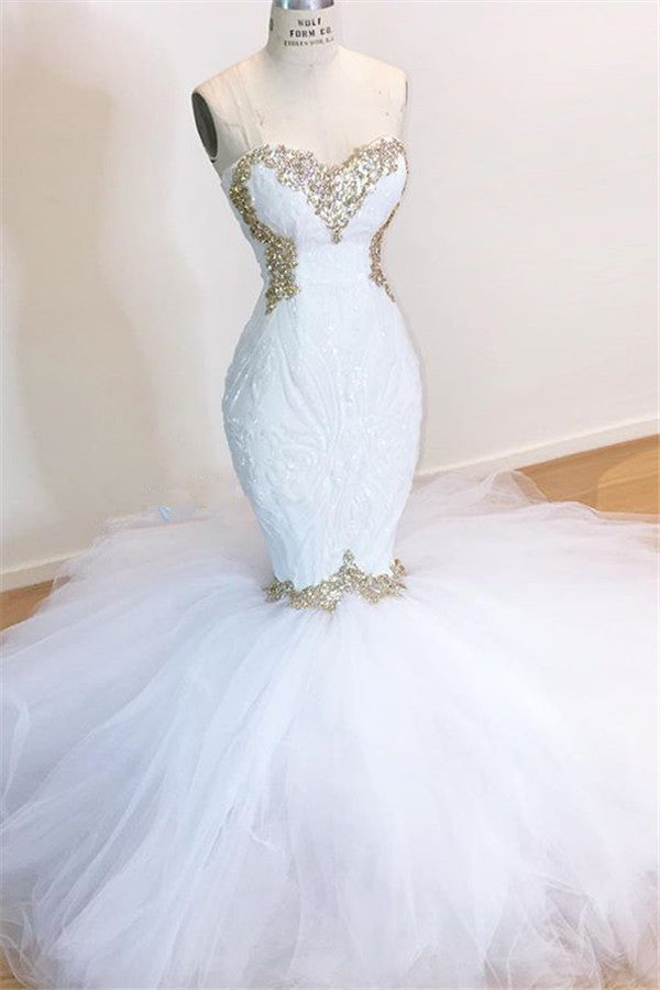 Sweetheart Sleeveless Lace Tulle Appliques Sequins Mermaid Corset Wedding Bridal Gowns outfit, Wedding Dress Long