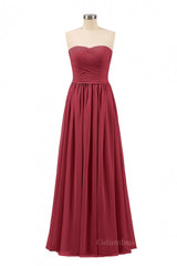 Sweetheart Wine Red Pleated Chiffon Long Corset Bridesmaid Dress outfit, Wedding Inspiration