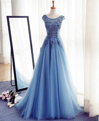Blue A Line Tulle Lace Long Corset Prom Dress, Evening Dress outfit, Prom Dress With Pockets