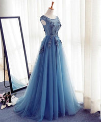 Blue A Line Tulle Lace Long Corset Prom Dress, Evening Dress outfit, Prom Dresses Lace