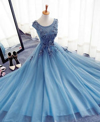 Blue A Line Tulle Lace Long Corset Prom Dress, Evening Dress outfit, Prom Dresses With Sleeves