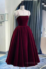 Tea Length Velvet Corset Prom Dresses, Velvet Tea Length Corset Formal Corset Homecoming Dresses outfit, Evening Dresses Red