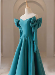 Teal Blue Long Sleeves with Bow A-line Sweetheart Corset Prom Dress, Teal Blue Evening Dress outfit, Formal Dress Simple