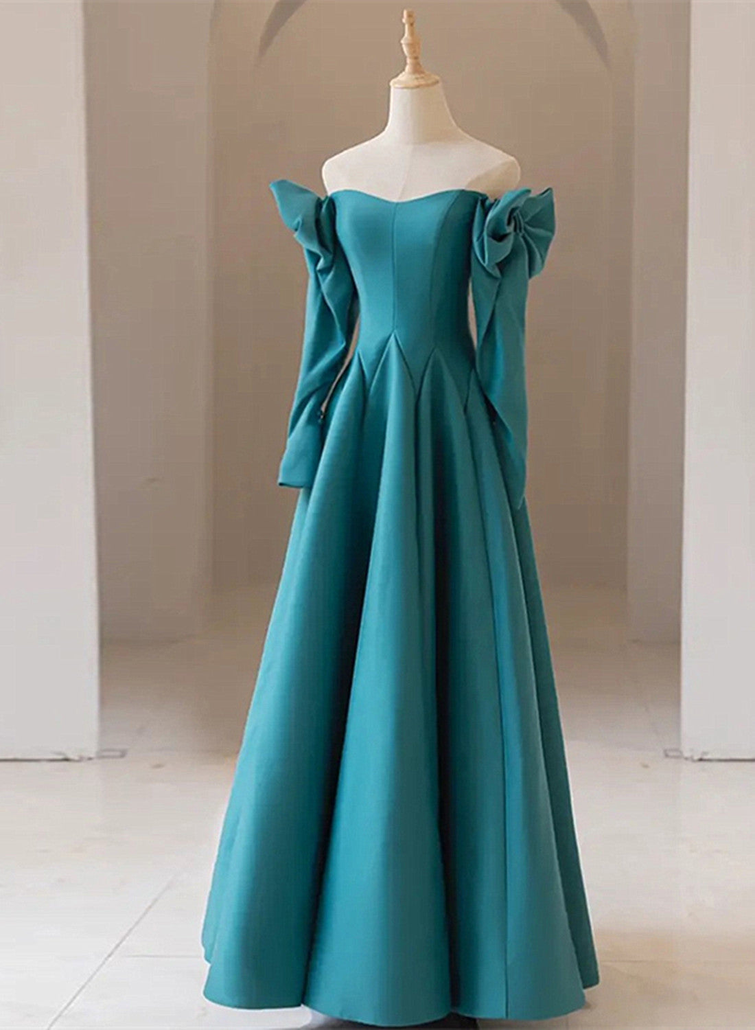 Teal Blue Long Sleeves with Bow A-line Sweetheart Corset Prom Dress, Teal Blue Evening Dress outfit, Formal Dresses Simple