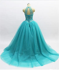 Teal Blue Tulle Beaded Corset Ball Gown High Neckline Sweet 16 Dress, Blue Quinceanera Dresses outfit, Evening Dress