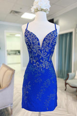 Royal Blue Beaded Plunge V Lace-Up Short Corset Homecoming Dress outfit, Party Dress In Store