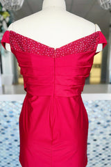Red Beaded Off-the-Shoulder Sheath Satin Corset Homecoming Dress outfit, Bridesmaid Dresses Mismatched Winter