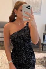 Tight Black Sequins One Shoulder Corset Homecoming Dress outfit, Tight Black Sequins One Shoulder Homecoming Dress