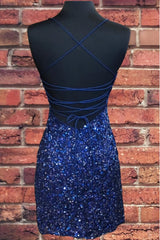 Tight Navy Blue Sequin Short Corset Homecoming Dresses Sparkly Party Dress Outfits, Homecome Dresses Short Prom