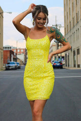 Tight Yellow Sequins Corset Homecoming Dress outfit, Tight Yellow Sequins Homecoming Dress