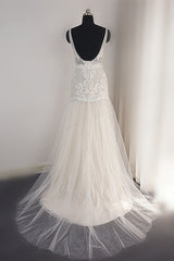 Trendy Ivory Sleeveless Lace Tulle High split A line Corset Wedding Dress outfit, Wedding Dresses For Bride And Groom