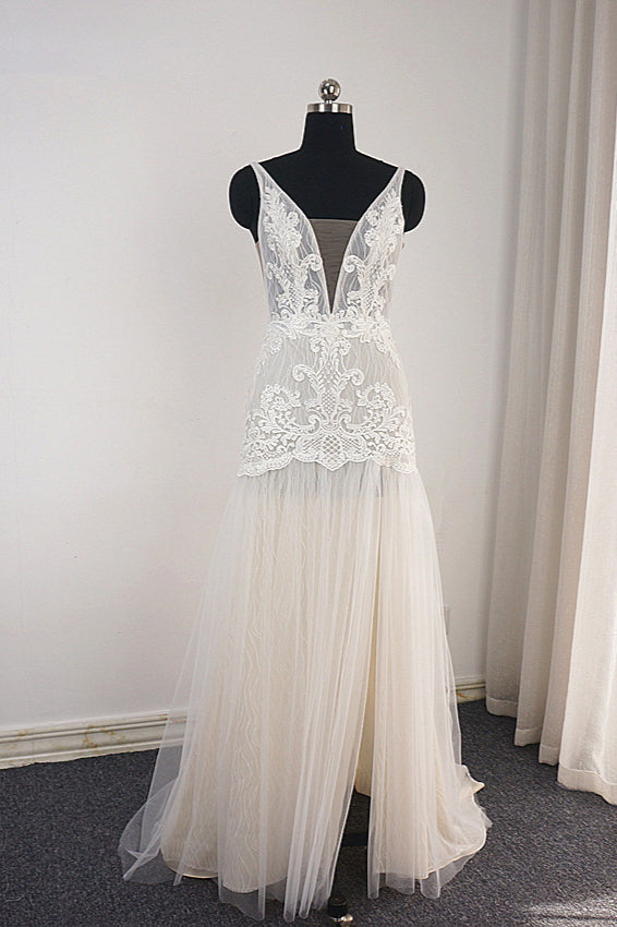 Trendy Ivory Sleeveless Lace Tulle High split A line Corset Wedding Dress outfit, Wedding Dress Open Back