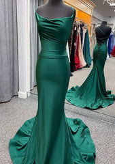 Trumpet/Mermaid Cowl Neck Spaghetti Straps Sweep Train Jersey Corset Prom Dress With Pleated Gowns, Prom Dresses With Slits