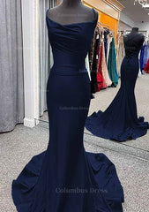 Trumpet/Mermaid Cowl Neck Spaghetti Straps Sweep Train Jersey Corset Prom Dress With Pleated Gowns, Prom Dress Long Ball Gown