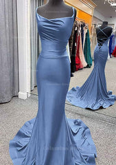 Trumpet/Mermaid Cowl Neck Spaghetti Straps Sweep Train Jersey Corset Prom Dress With Pleated Gowns, Prom Dresses 2025 Cheap