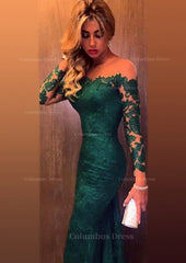 Trumpet/Mermaid Full/Long Sleeve Bateau Chapel Train Lace Corset Prom Dress With Appliqued Gowns, Dance Dress