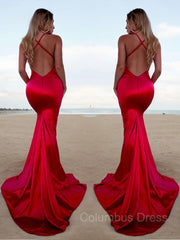 Trumpet/Mermaid Halter Sweep Train Silk like Satin Corset Prom Dresses With Leg Slit outfit, Non Traditional Wedding Dress