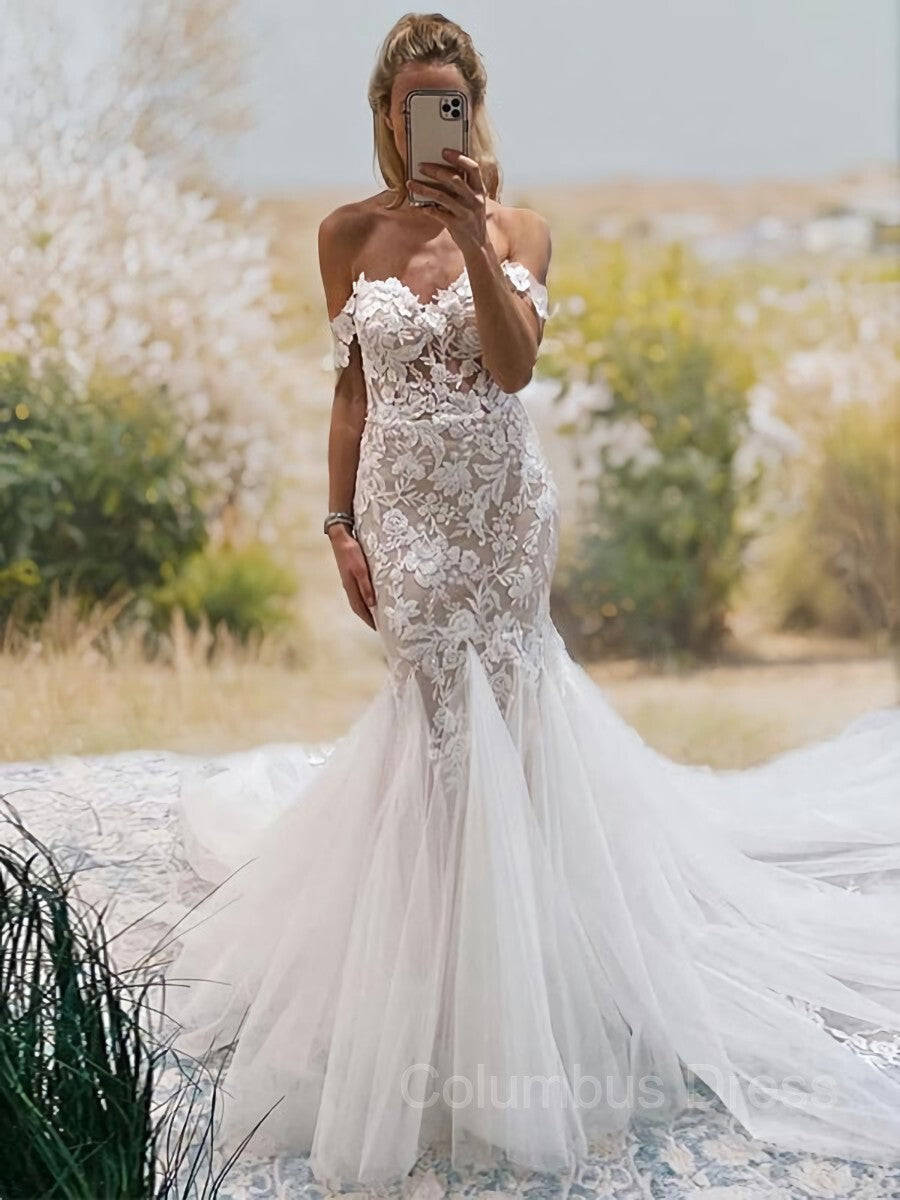Trumpet/Mermaid Off-the-Shoulder Cathedral Train Tulle Corset Wedding Dresses With Appliques Lace outfit, Weddings Dress Online
