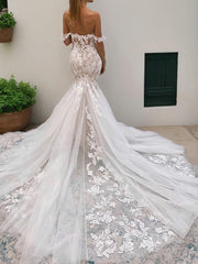 Trumpet/Mermaid Off-the-Shoulder Cathedral Train Tulle Corset Wedding Dresses With Appliques Lace outfit, Wedding Dress With Shoes