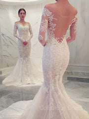 Trumpet/Mermaid Off-the-Shoulder Chapel Train Lace Corset Wedding Dresses With Appliques Lace outfit, Wedding Dresses Wedding Dresses