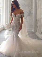 Trumpet/Mermaid Off-the-Shoulder Chapel Train Tulle Corset Wedding Dresses outfit, Wedding Dresses Fitted
